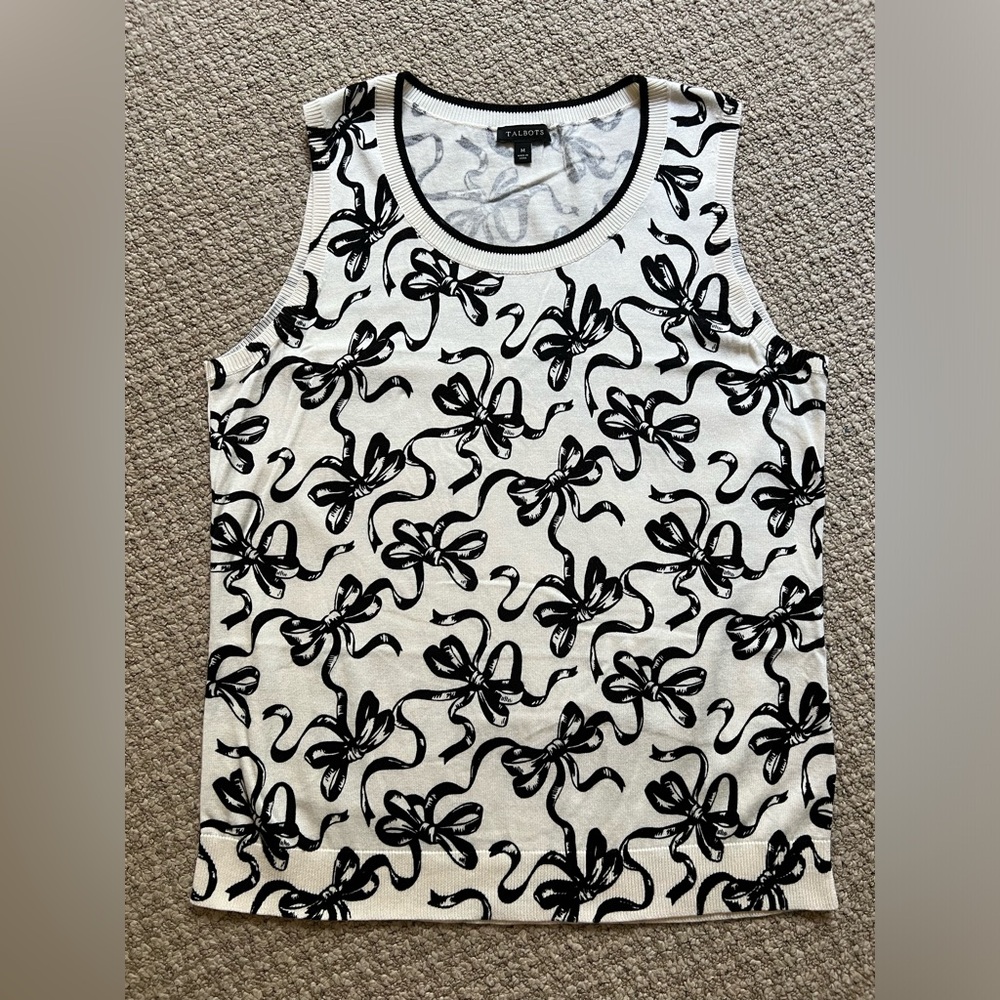 Talbots Charming Shell in Cream with Black Bow Print Size M